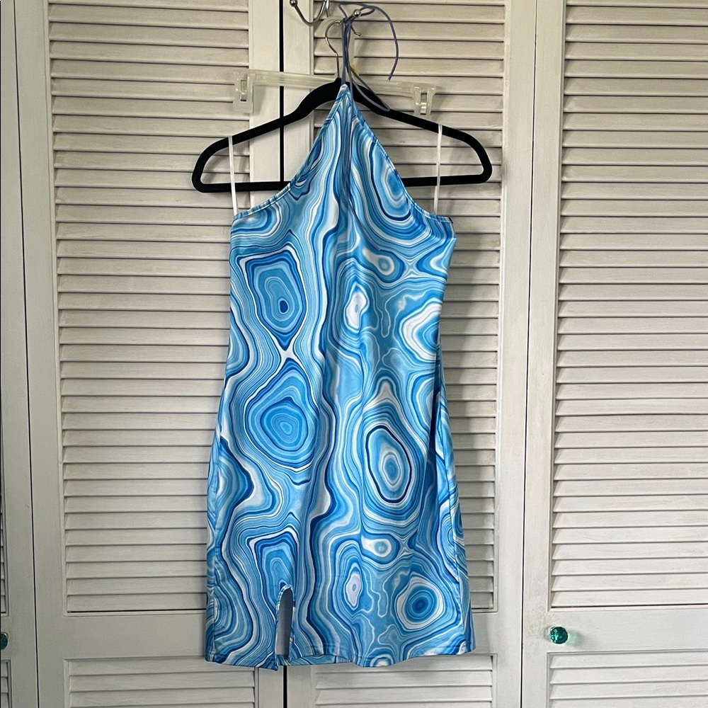 SHEIN Blue Swirl Halter Mini Dress